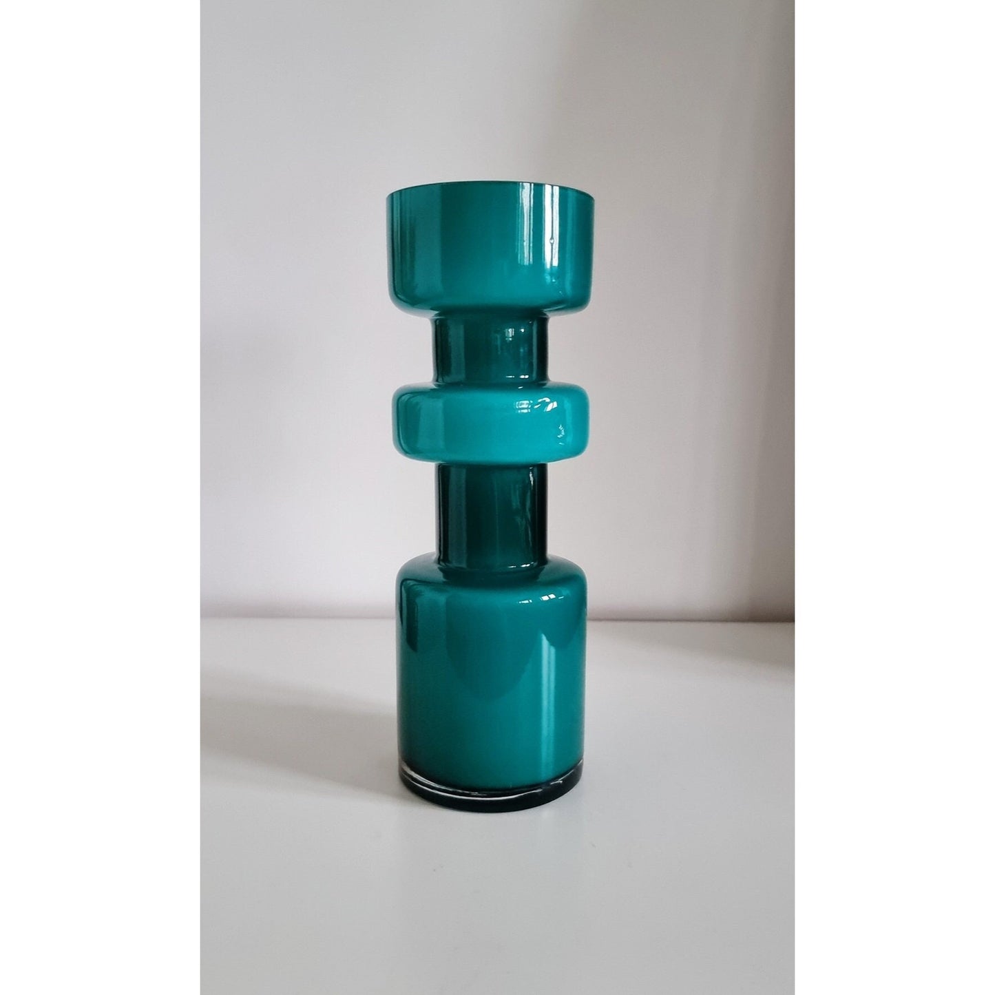 Retro Design Turquoise Hooped Cased Glass Vase