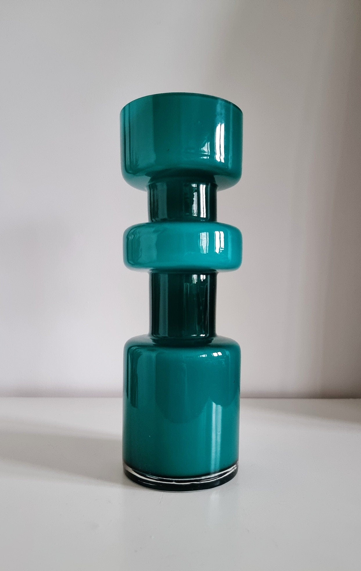 Retro Design Turquoise Hooped Cased Glass Vase
