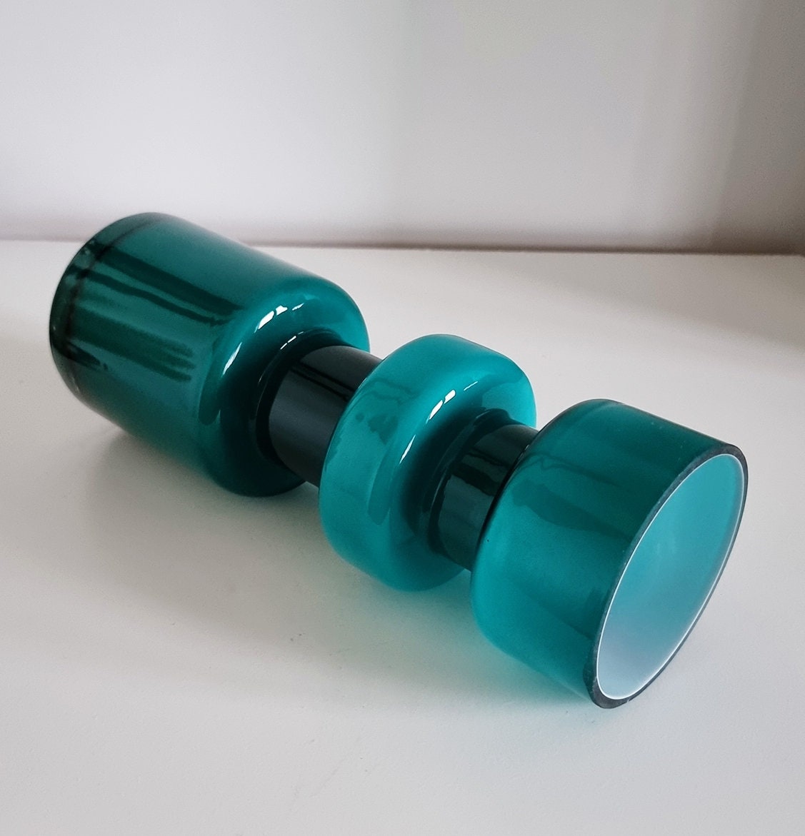 Retro Design Turquoise Hooped Cased Glass Vase