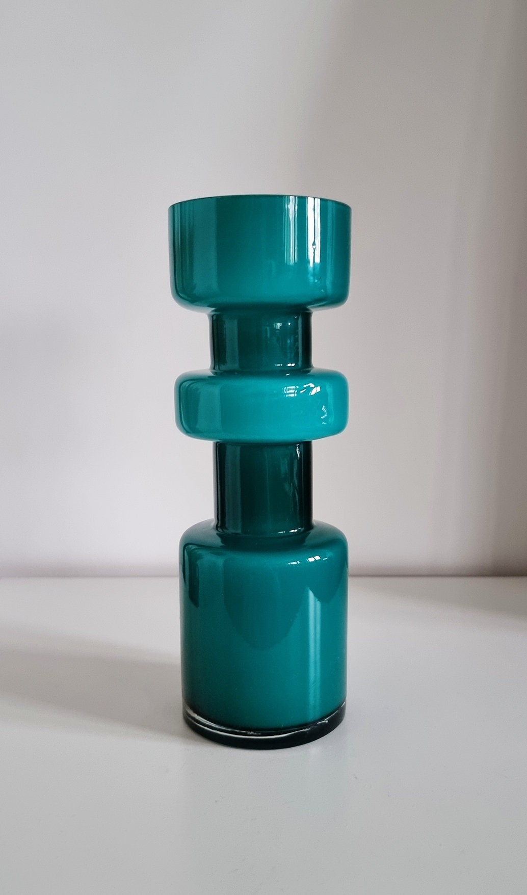 Retro Design Turquoise Hooped Cased Glass Vase