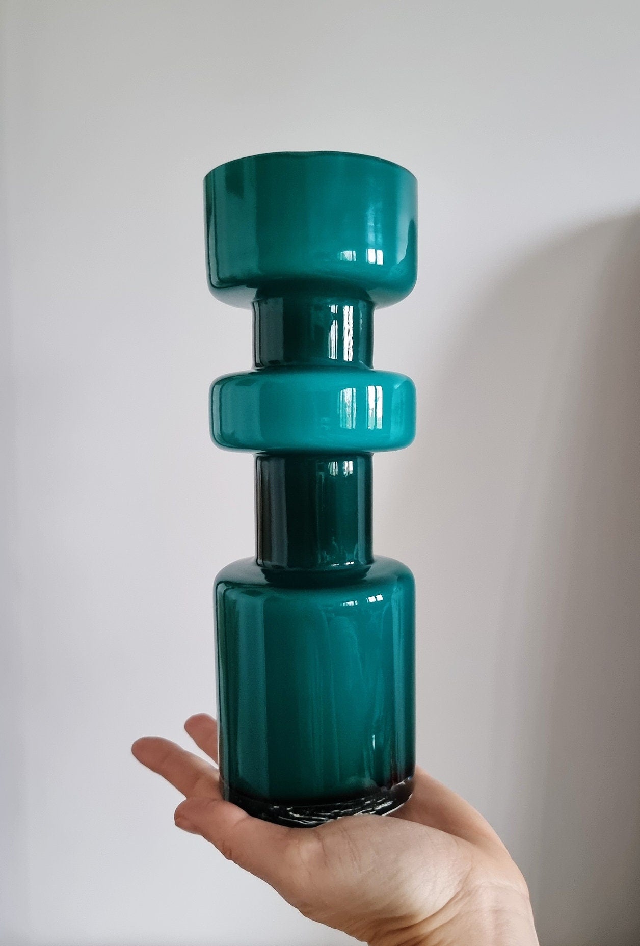 Retro Design Turquoise Hooped Cased Glass Vase