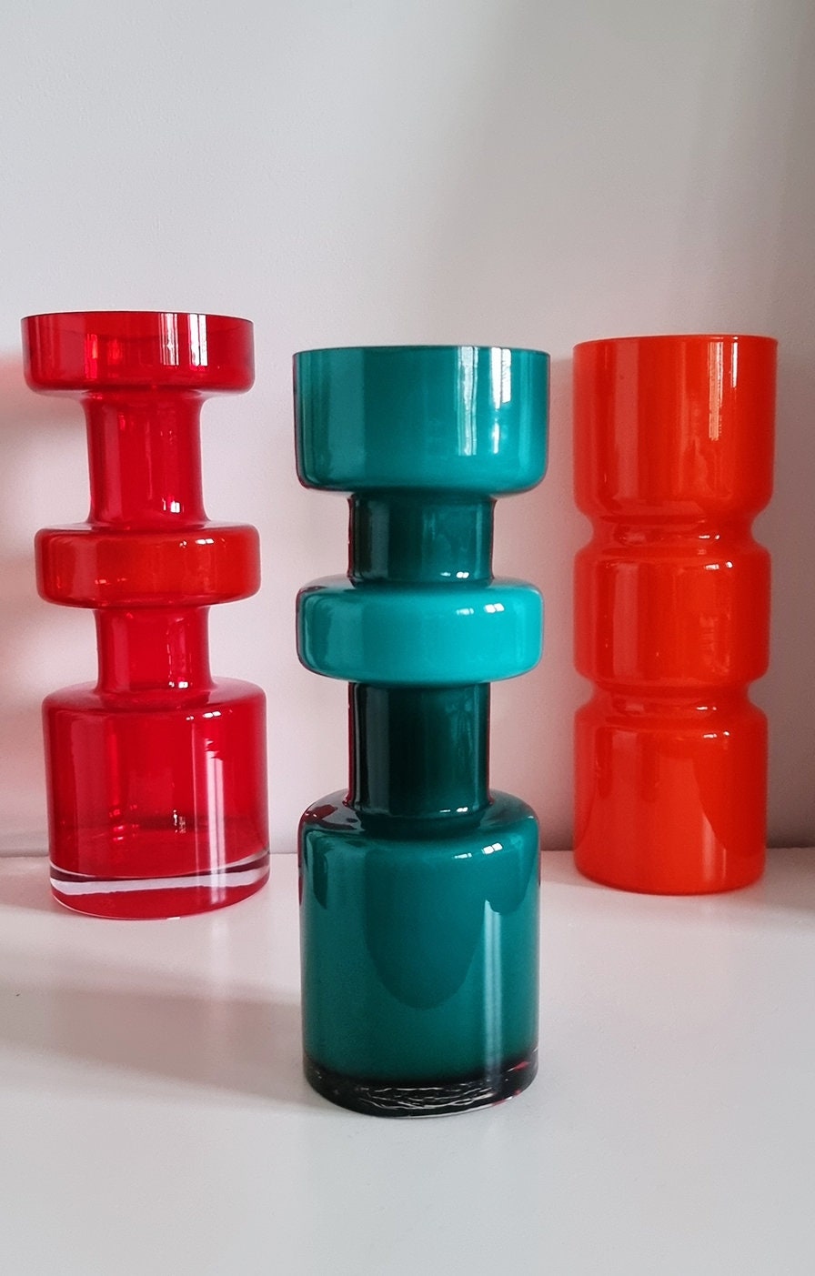 Retro Design Turquoise Hooped Cased Glass Vase