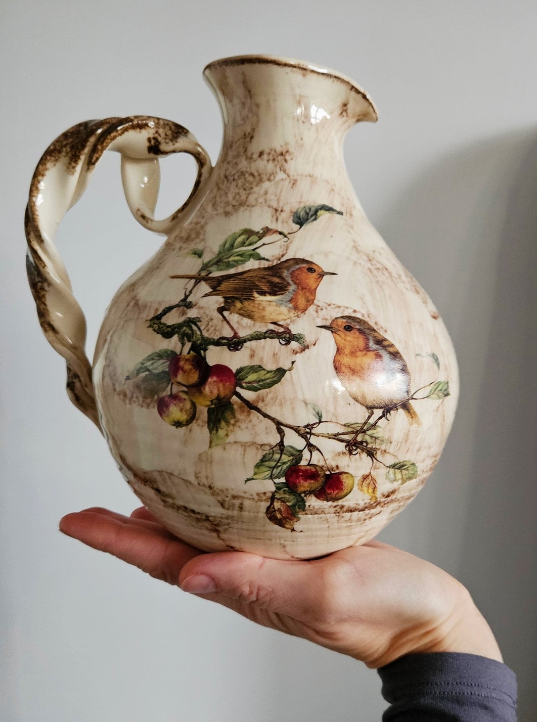 Vintage Ceramic Jug/Vase With Floral & Bird Motifs