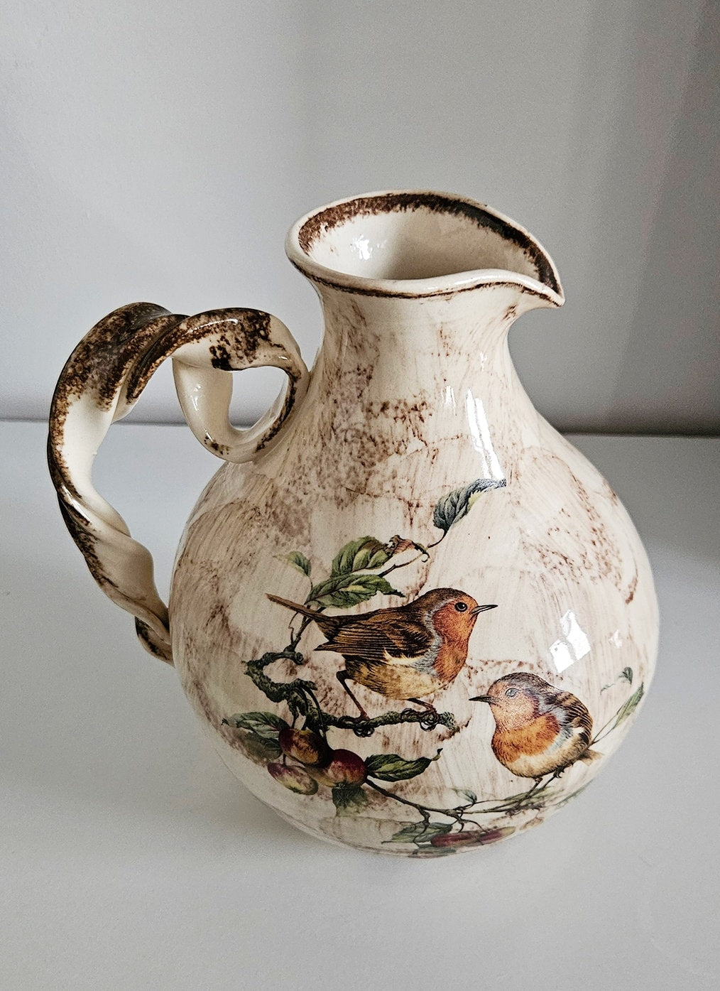 Vintage Ceramic Jug/Vase With Floral & Bird Motifs