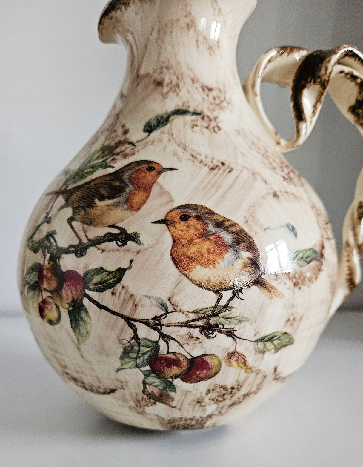 Vintage Ceramic Jug/Vase With Floral & Bird Motifs