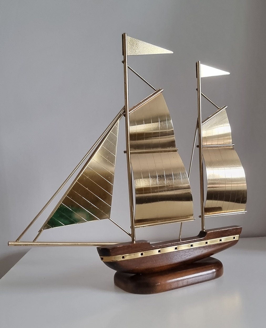 Vintage Brass & Wood Sailing Ship Sculpture