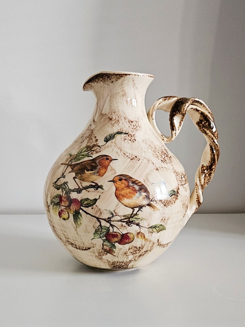 Vintage Ceramic Jug/Vase With Floral & Bird Motifs