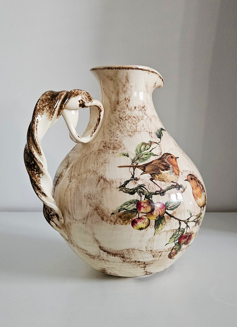 Vintage Ceramic Jug/Vase With Floral & Bird Motifs