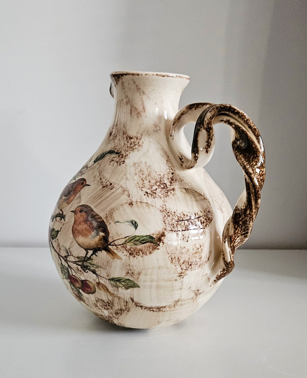 Vintage Ceramic Jug/Vase With Floral & Bird Motifs