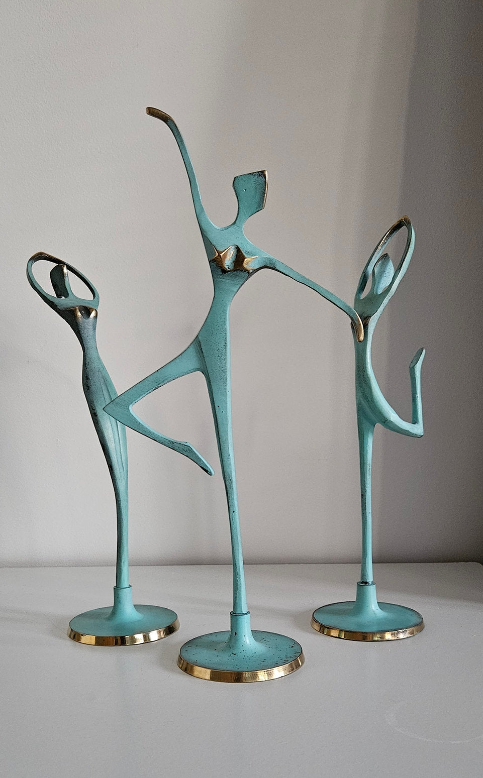 Vintage Set Of Three Painted Brass Dancer/Ballerina Figures