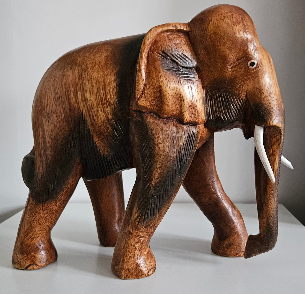 Vintage Solid Wood Hand Carved Large Elephant Ornament