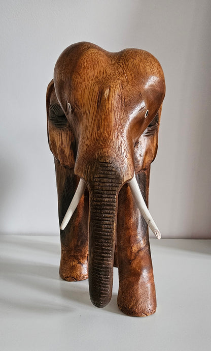 Vintage Solid Wood Hand Carved Large Elephant Ornament