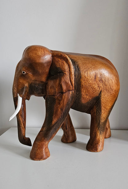 Vintage Solid Wood Hand Carved Large Elephant Ornament