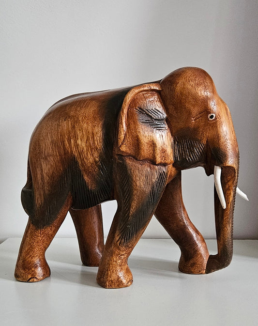 Vintage Solid Wood Hand Carved Large Elephant Ornament