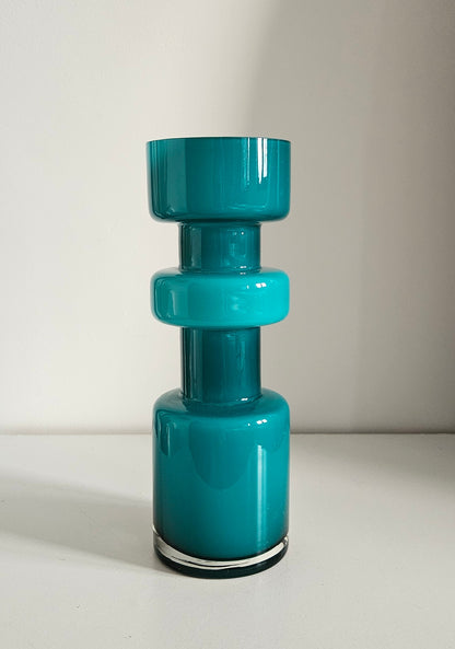 Retro Design Turquoise Hooped Cased Glass Vase