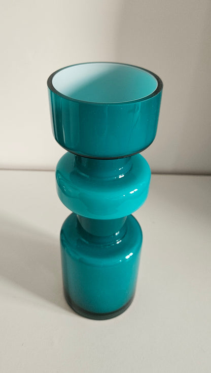 Retro Design Turquoise Hooped Cased Glass Vase