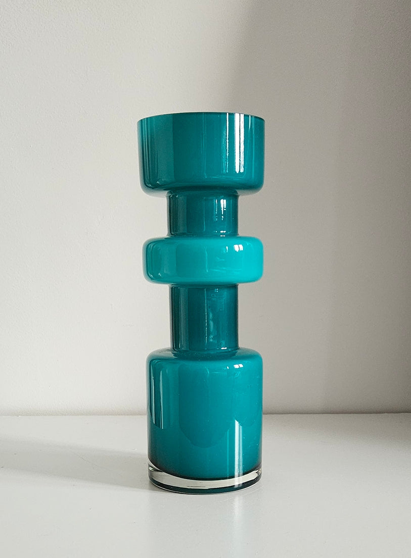 Retro Design Turquoise Hooped Cased Glass Vase