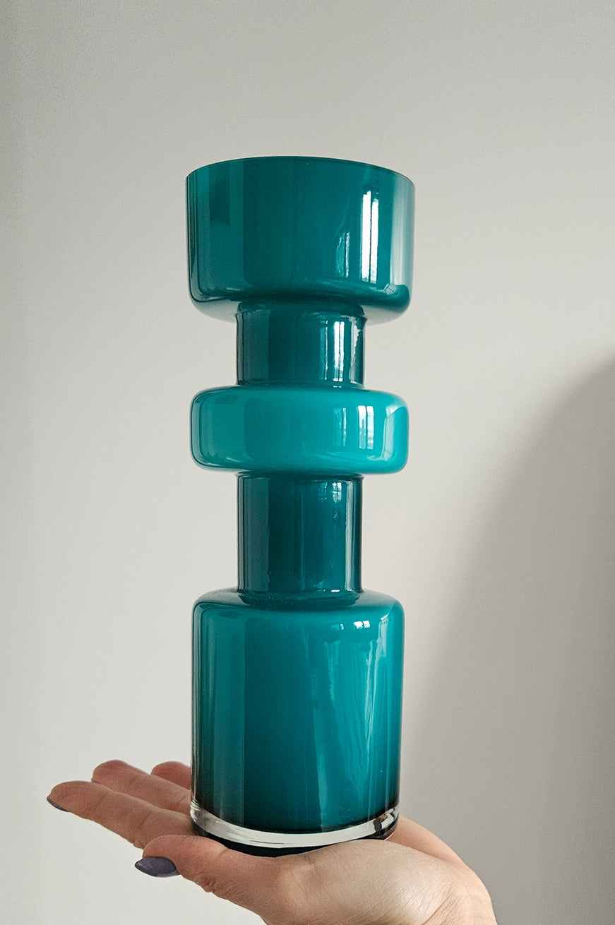 Retro Design Turquoise Hooped Cased Glass Vase