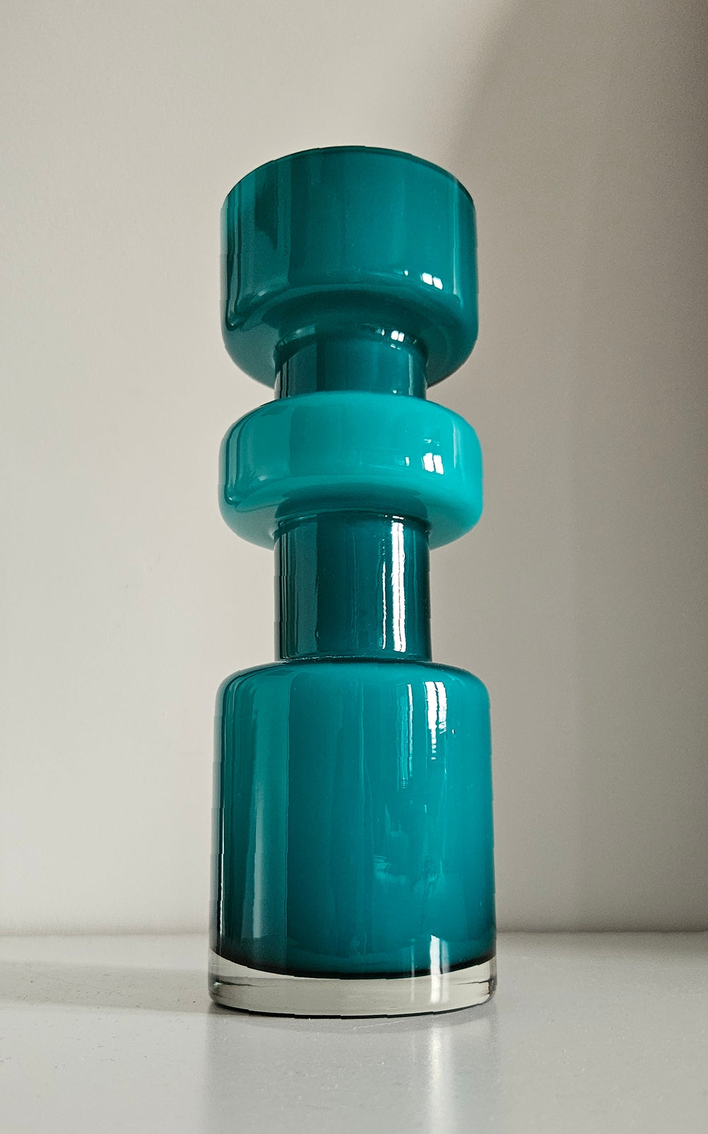 Retro Design Turquoise Hooped Cased Glass Vase