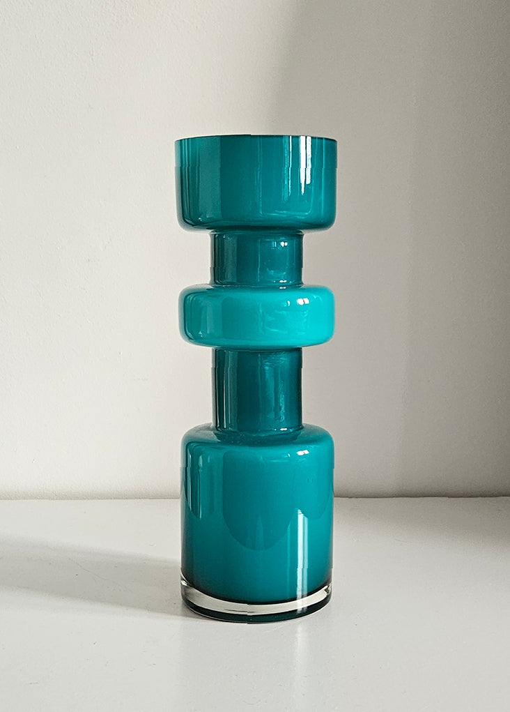 Retro Design Turquoise Hooped Cased Glass Vase