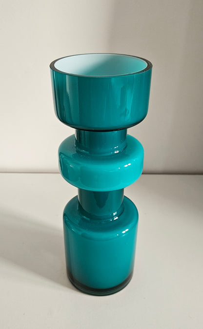 Retro Design Turquoise Hooped Cased Glass Vase