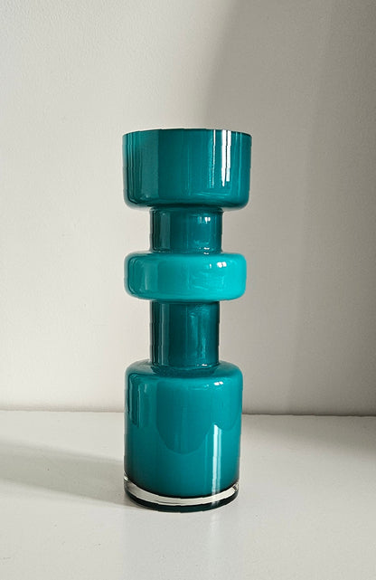 Retro Design Turquoise Hooped Cased Glass Vase