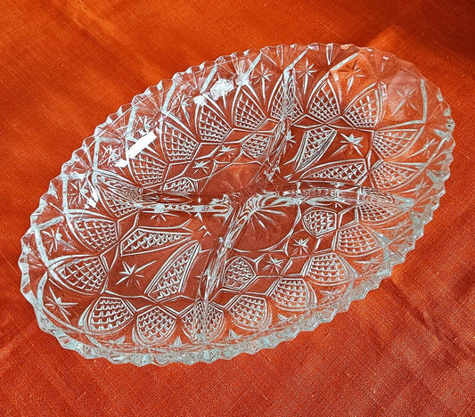 Mid Century French Lead Crystal Glass Divided Snack Server, Serving Plate/Dish