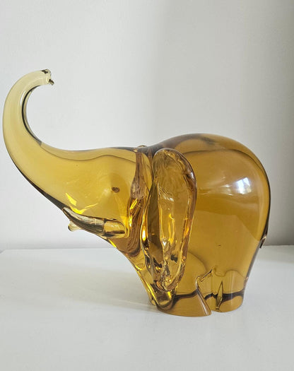 Large & Heavy Amber Art Glass Elephant - Small Damage To Tail, Heavy Over 4 Kg