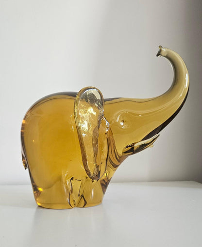 Large & Heavy Amber Art Glass Elephant - Small Damage To Tail, Heavy Over 4 Kg