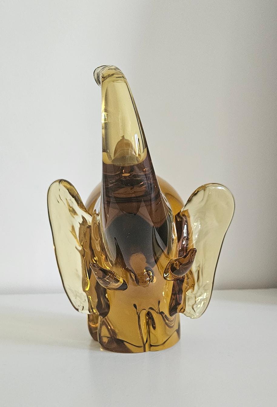 Large & Heavy Amber Art Glass Elephant - Small Damage To Tail, Heavy Over 4 Kg