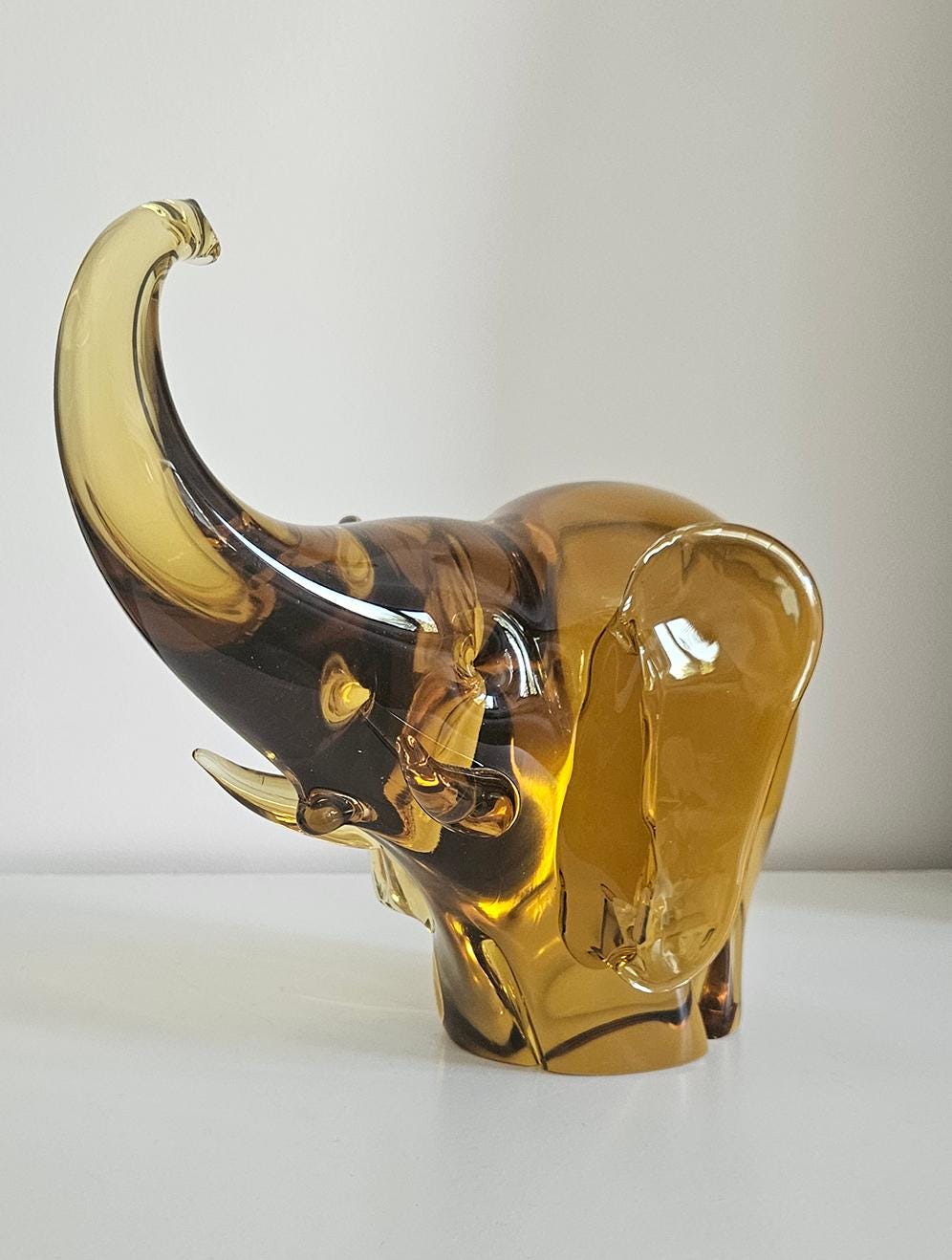 Large & Heavy Amber Art Glass Elephant - Small Damage To Tail, Heavy Over 4 Kg