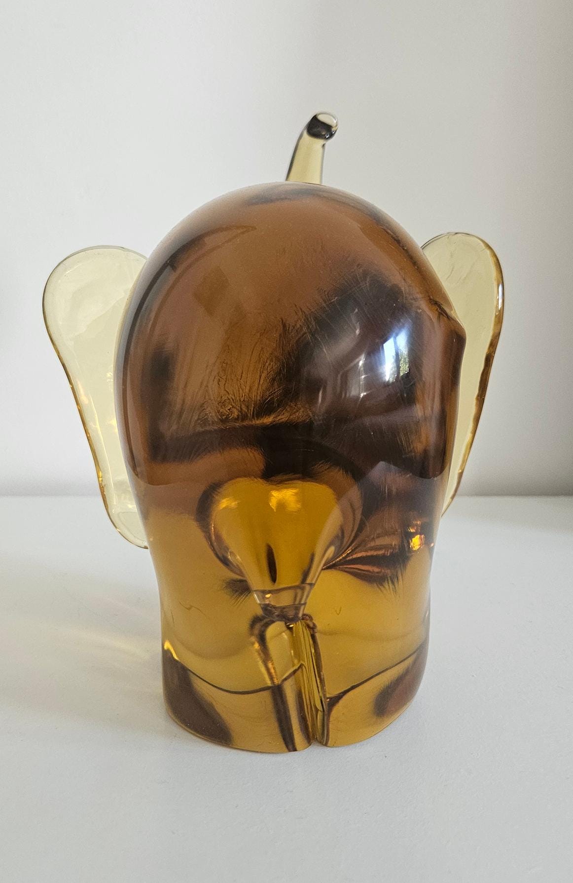 Large & Heavy Amber Art Glass Elephant - Small Damage To Tail, Heavy Over 4 Kg