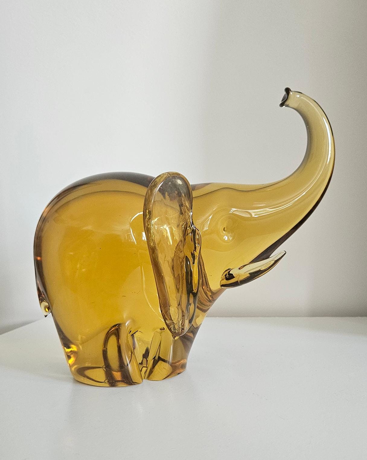 Large & Heavy Amber Art Glass Elephant - Small Damage To Tail, Heavy Over 4 Kg