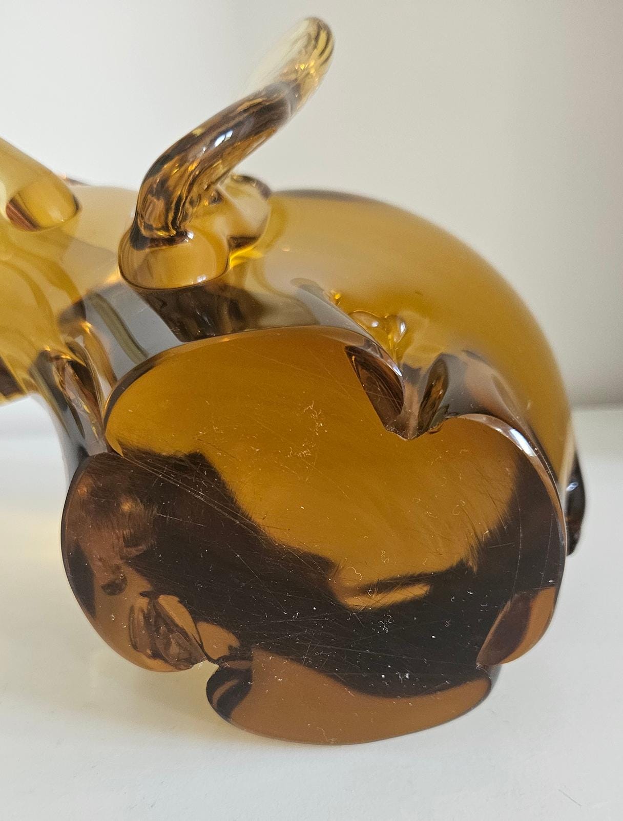 Large & Heavy Amber Art Glass Elephant - Small Damage To Tail, Heavy Over 4 Kg