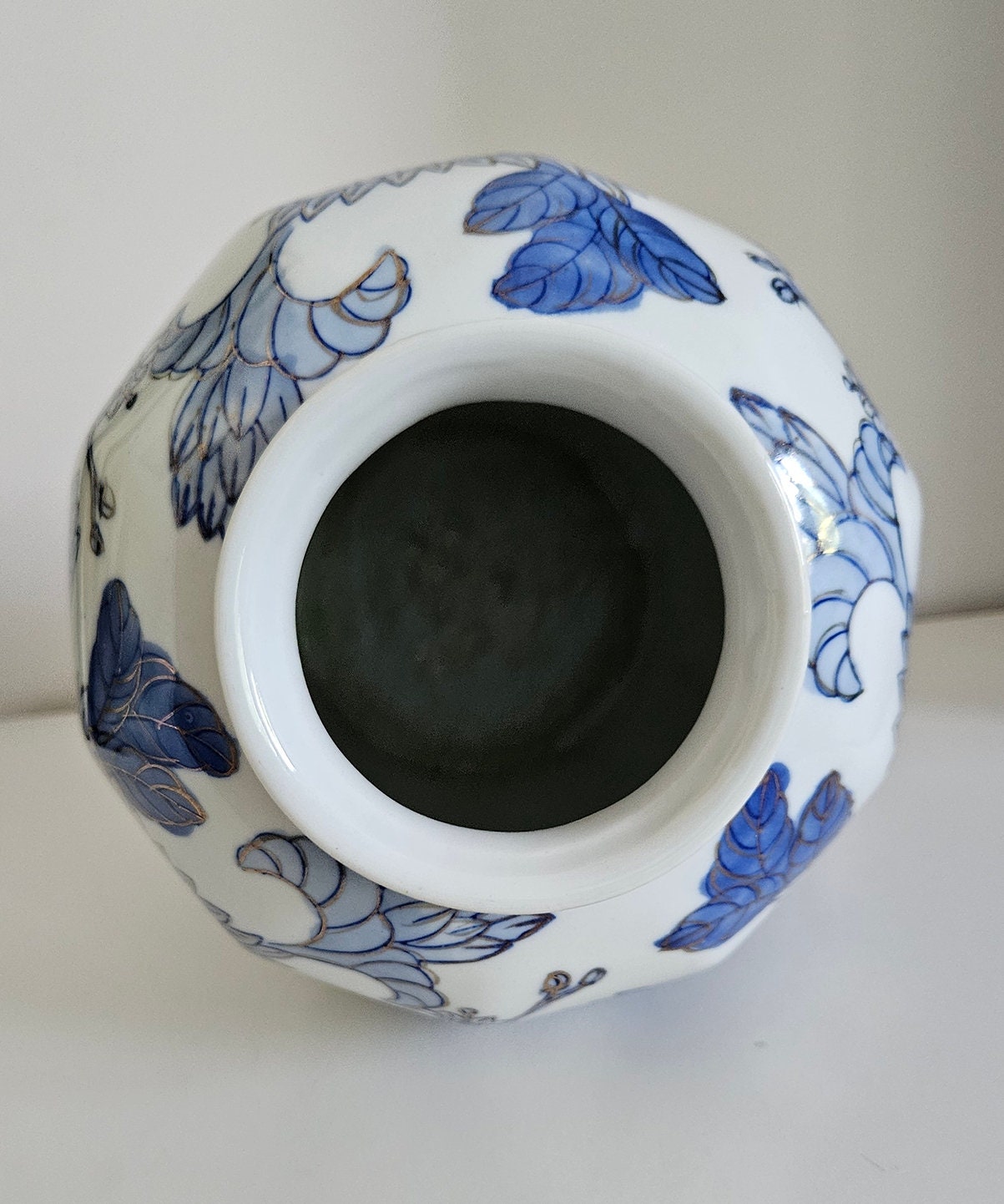 Vintage Chinese Blue & White And Gold Floral Porcelain Vase