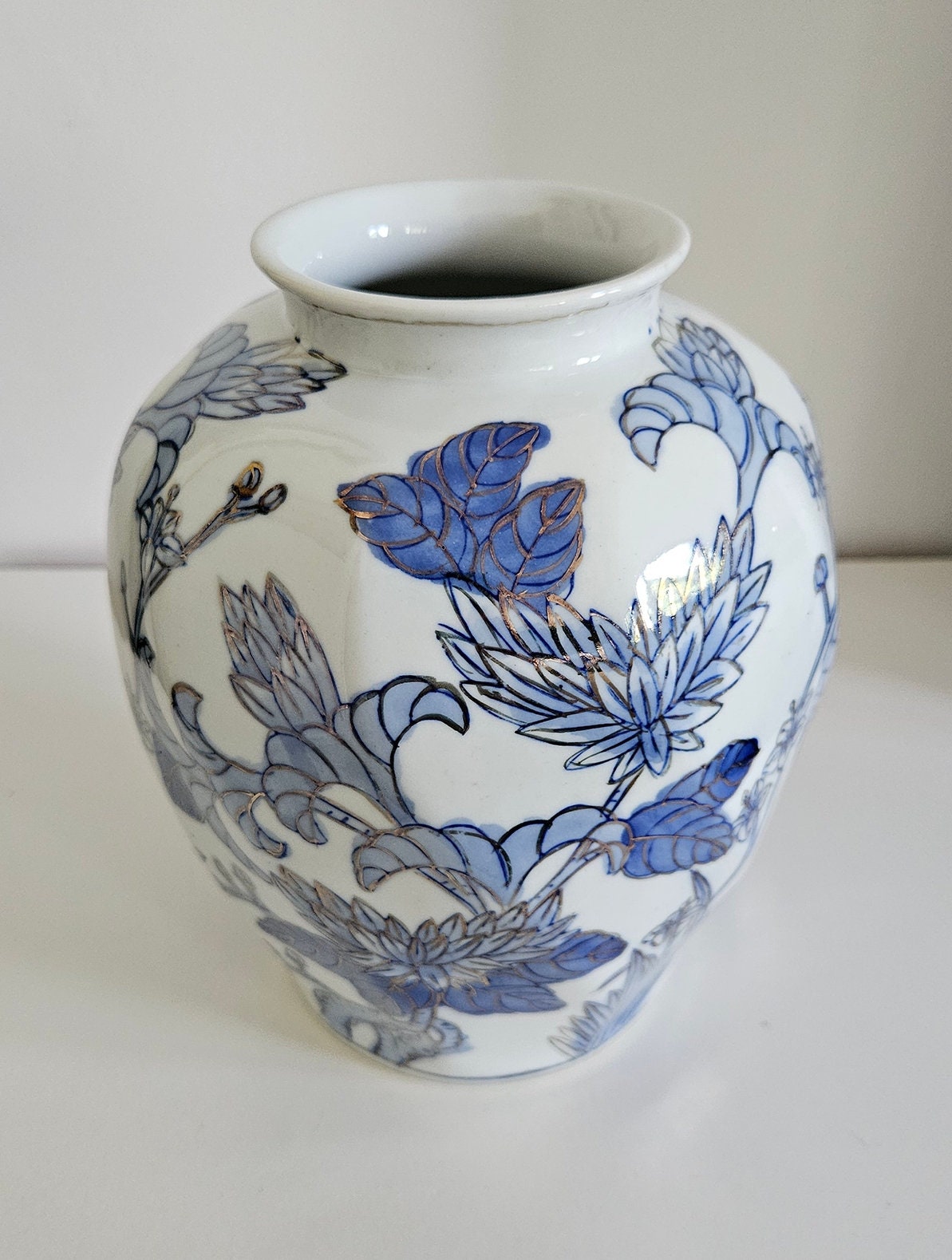 Vintage Chinese Blue & White And Gold Floral Porcelain Vase