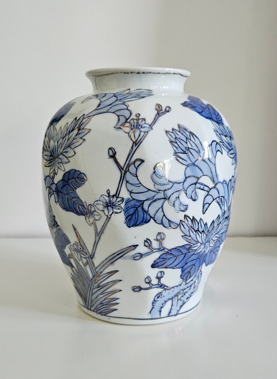 Vintage Chinese Blue & White And Gold Floral Porcelain Vase