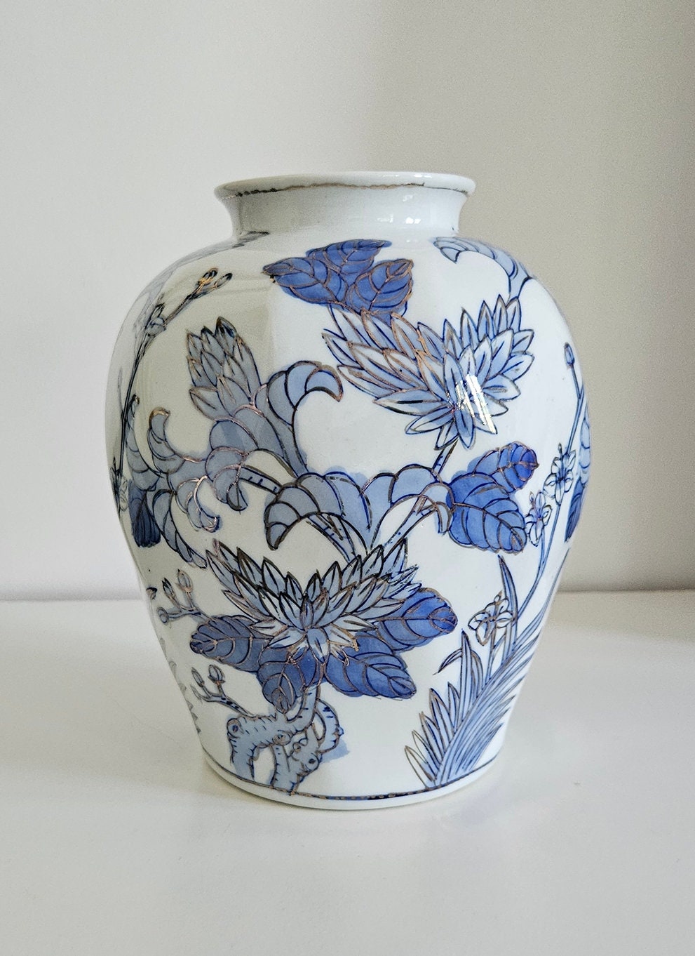 Vintage Chinese Blue & White And Gold Floral Porcelain Vase