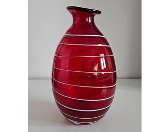 Retro Ruby Red Striped Art Glass Vase