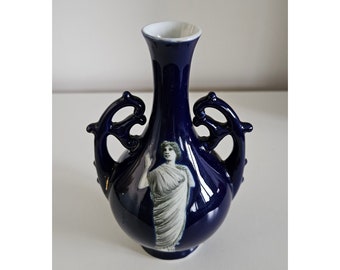 Vintage Fedora Cobalt Blue Small Porcelain Vase With Greek Goddess Motif