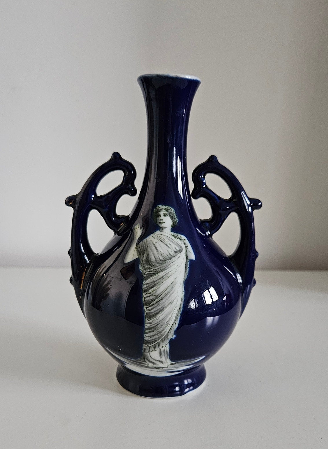 Vintage Fedora Cobalt Blue Small Porcelain Vase With Greek Goddess Motif