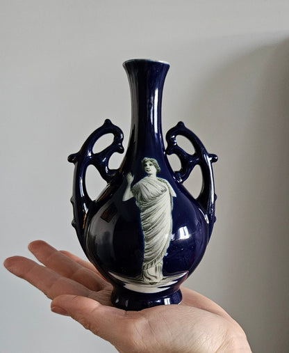 Vintage Fedora Cobalt Blue Small Porcelain Vase With Greek Goddess Motif