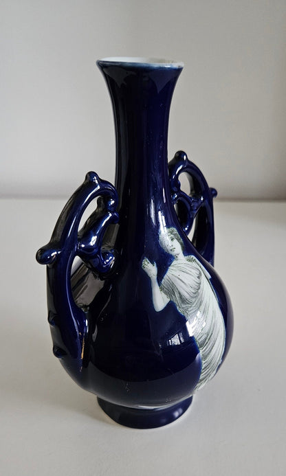 Vintage Fedora Cobalt Blue Small Porcelain Vase With Greek Goddess Motif