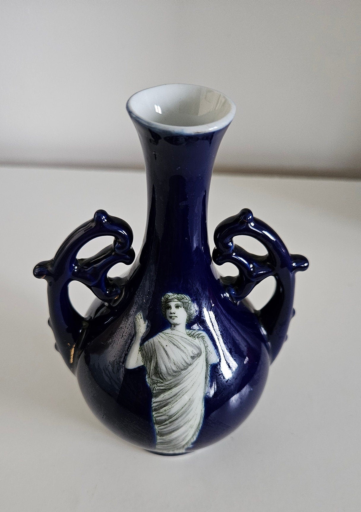 Vintage Fedora Cobalt Blue Small Porcelain Vase With Greek Goddess Motif