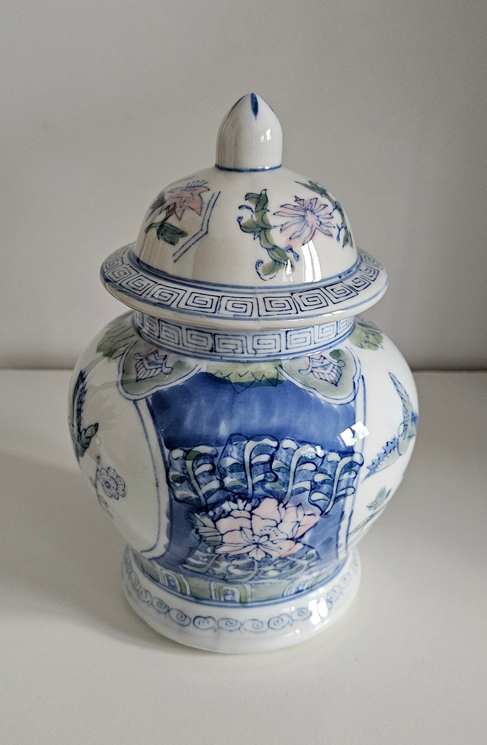 Vintage Chinese Oriental Hand Painted Floral Lidded Vase