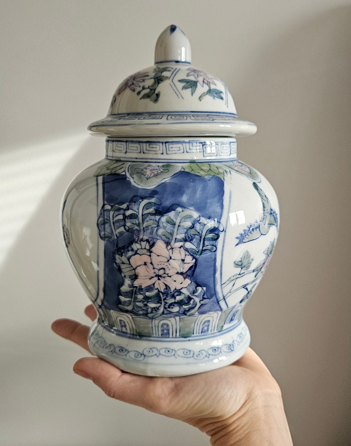 Vintage Chinese Oriental Hand Painted Floral Lidded Vase