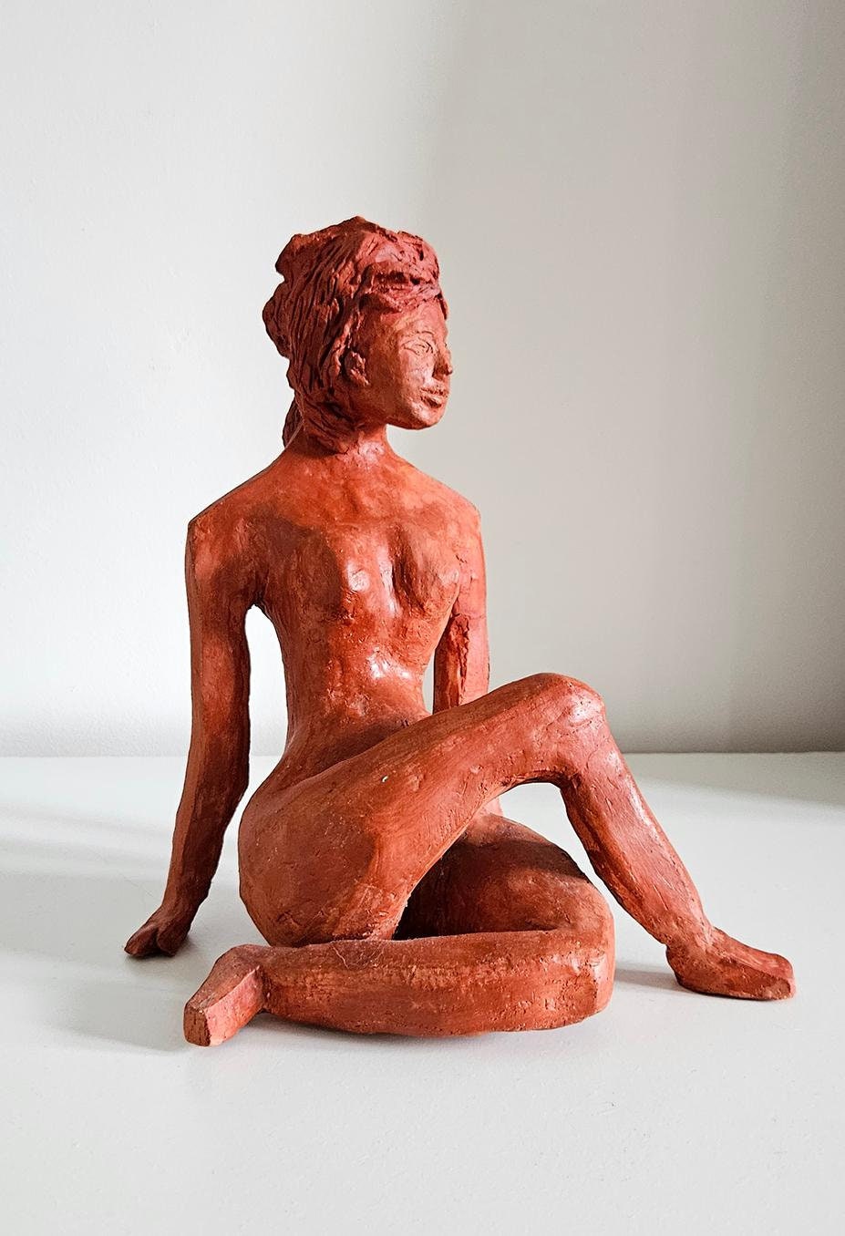 Vintage Sitting Nude Woman Clay Sculpture Figurine - Please Read Description