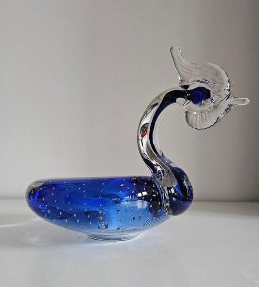 Vintage Blue & Clear Controlled Bubble Glass Swan Dish