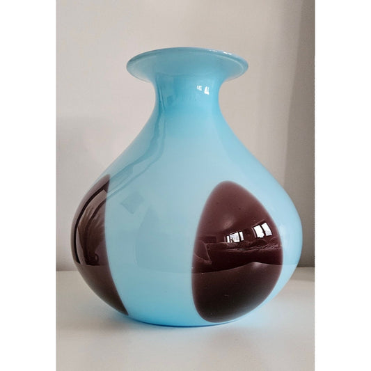 Large Retro Vintage Blue & Brown Bulbous Glass Vase