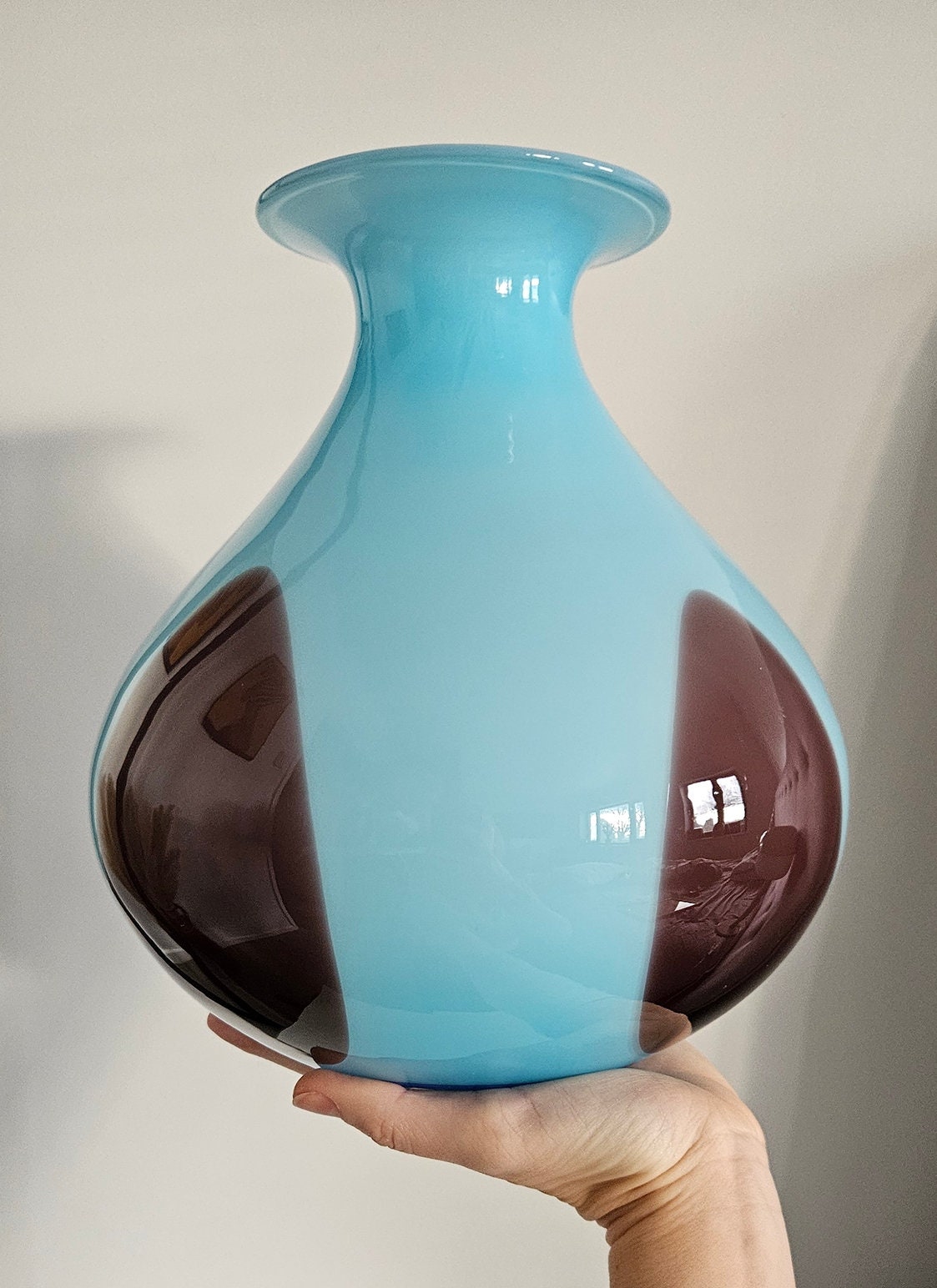 Large Retro Vintage Blue & Brown Bulbous Glass Vase